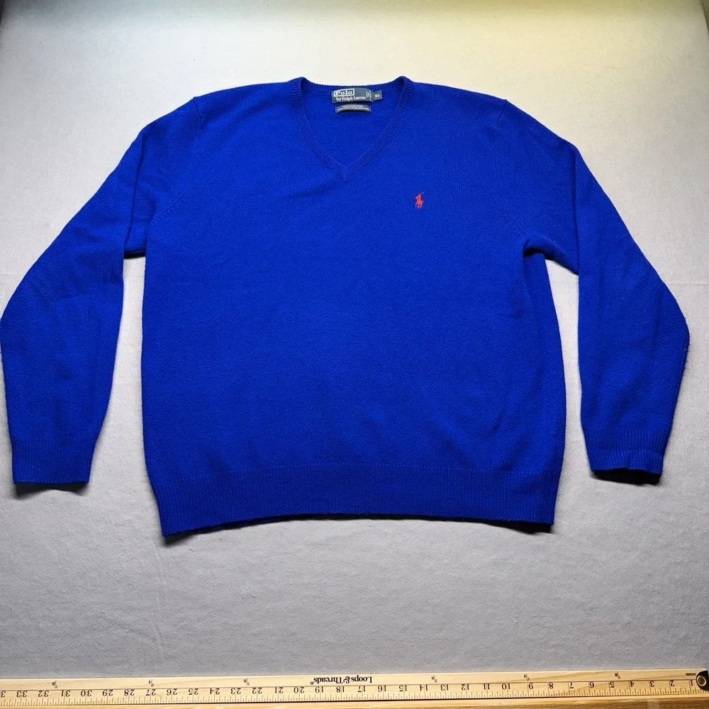 Polo by Ralph Lauren Men's Blue V-Neck 100% Lambs Wool Knit Sweater XL